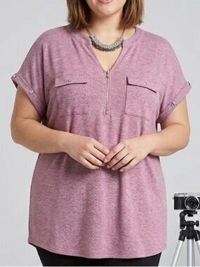 😍SHOW SPECIAL LILY MORGAN Lilac Knit Short sleeve Zipper Front Blouse 2X